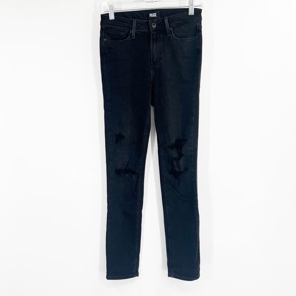 Paige Hoxton Crop Rollup Jeans in Carbon Black Destroyed - Picture 1 of 9